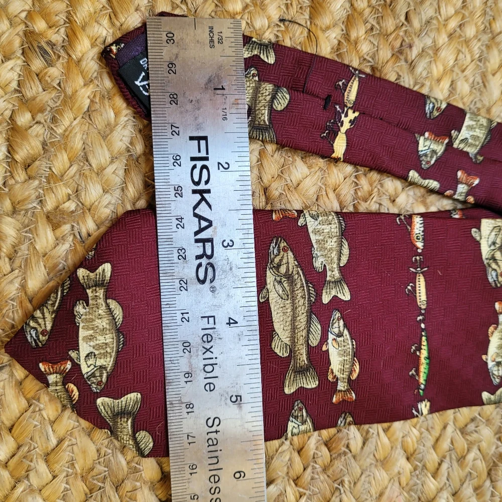 Youth Tie, Burgandy with Fish and Lures 100% silk